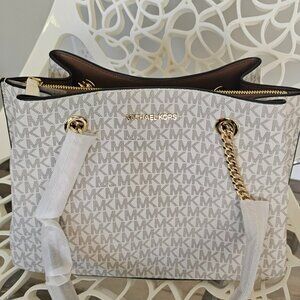 Michael Kors Teagan Large Chain Drop Satchel / Tote / Shoulder Bag (Vanilla)